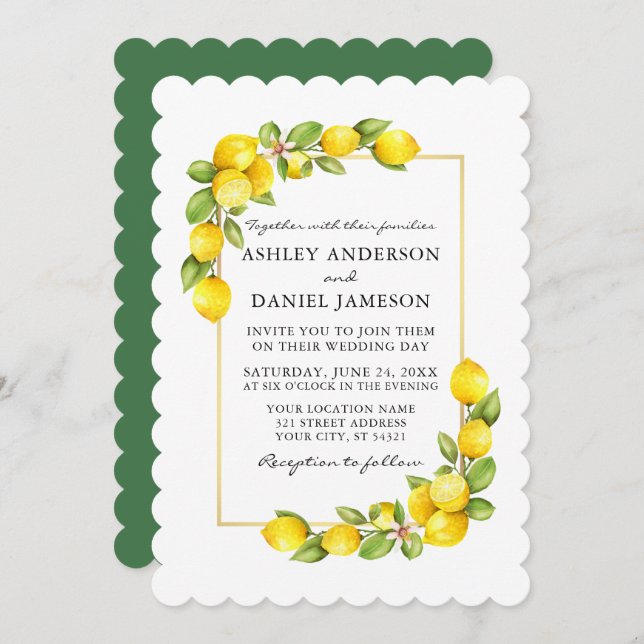 Watercolor Lemons Greenery Wedding Green Invitation (Front/Back)