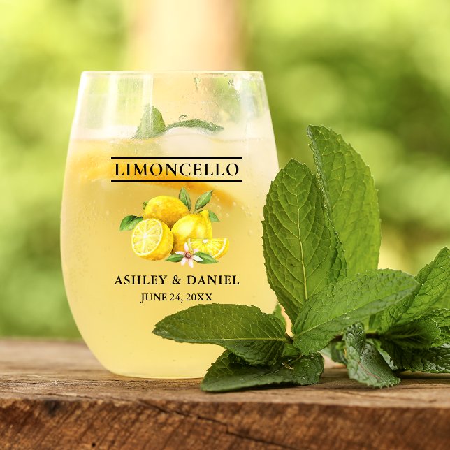 Watercolor Lemons Greenery Wedding Limoncello Stemless Wine Glass (Several styles to choose from.)