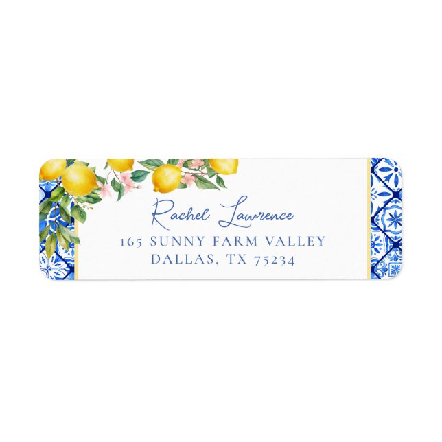 Watercolor Lemons Italian Blue Tile Return Address (Front)
