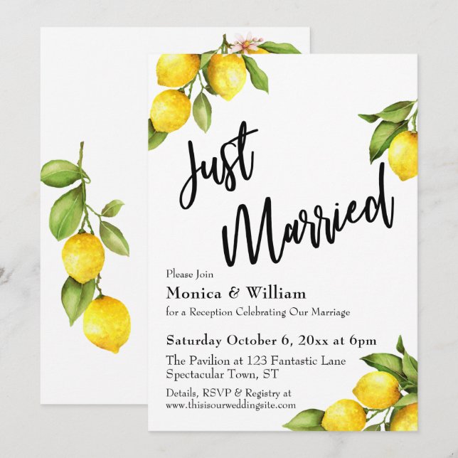 Watercolor Lemons Just Married Typography Invitation (Front/Back)