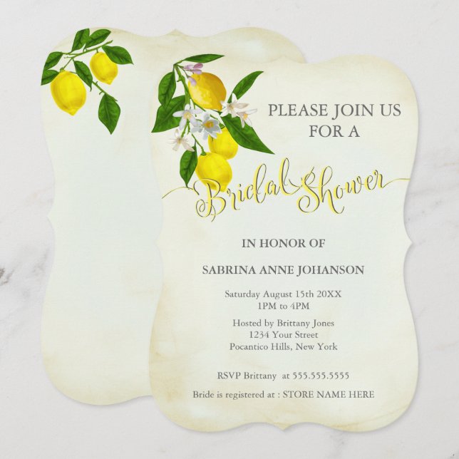 Watercolor Lemons & Leaves Bridal Shower Invitation (Front/Back)