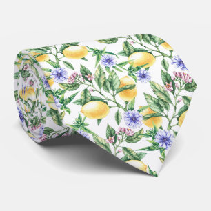 Watercolor Lemons, Lemon Blossom and Cornflowers Tie