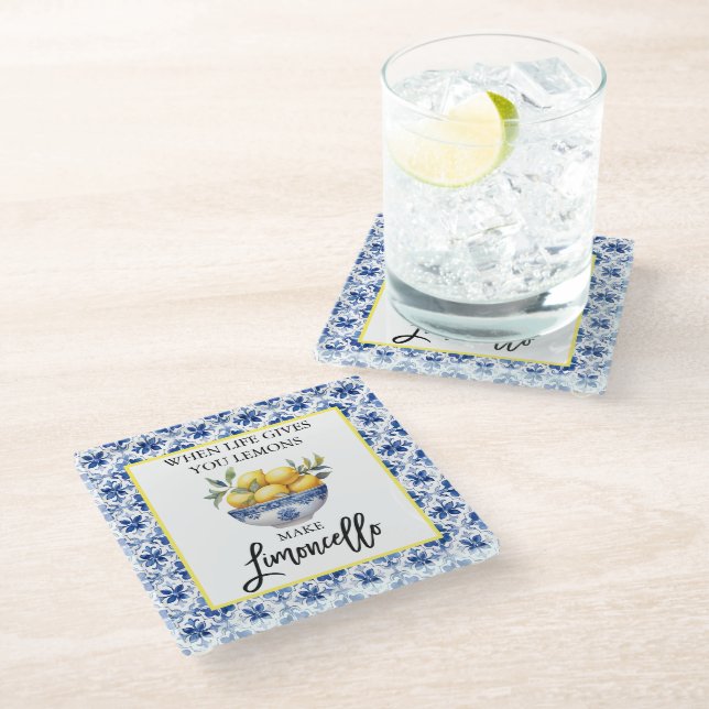 Watercolor Lemons Limoncello Blue Tiles Glass Coaster (Angled)
