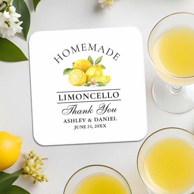 Watercolor Lemons Limoncello Wedding Square Paper Coaster (Customize to change text size, color or text style.)