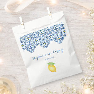 Watercolor Lemons Mediterranean Tile Blue Wedding Favour Bags