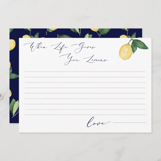 Watercolor Lemons & Navy Bridal Shower Advice Card (Front/Back)