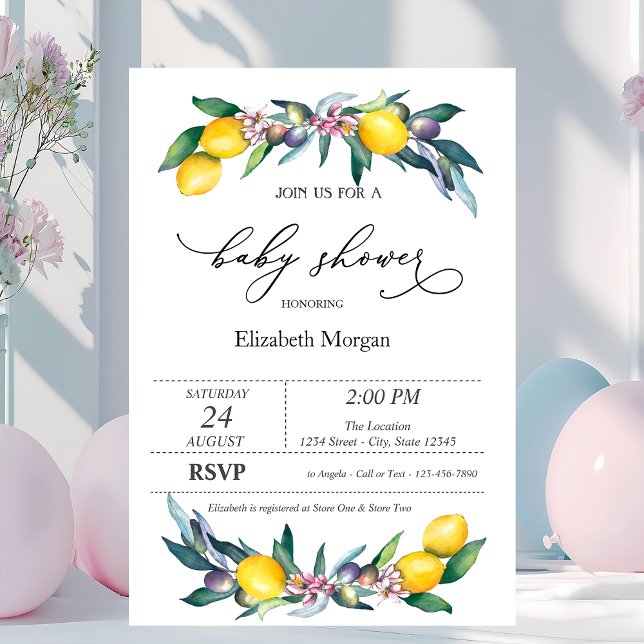 Watercolor Lemons Olives Baby Shower Invitation (Creator Uploaded)