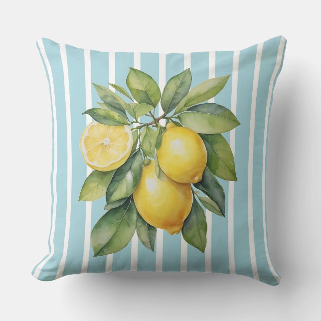 Watercolor Lemons on Blue Striped Background Cushion (Front)