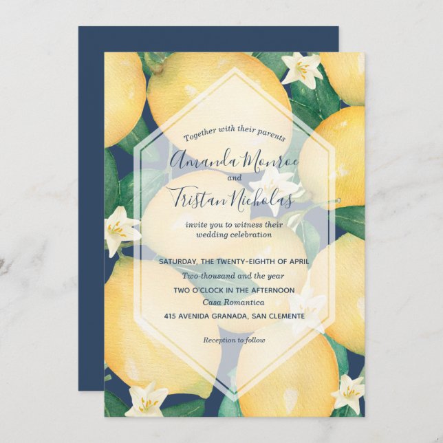 Watercolor Lemons on Navy Blue Wedding Invitations (Front/Back)