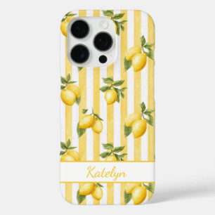 Watercolor Lemons On Yellow Stripes Monogrammed iPhone 16 Pro Case
