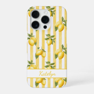 Watercolor Lemons On Yellow Stripes Monogrammed iPhone 16 Pro Case