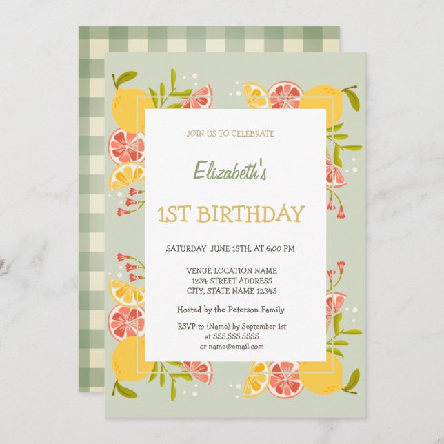 Watercolor Lemons Orange Green Plaid Birthday  Invitation (Front/Back)