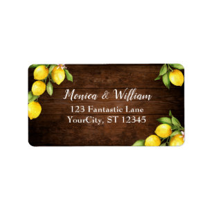 Watercolor Lemons Over Rustic Brown Wood Label