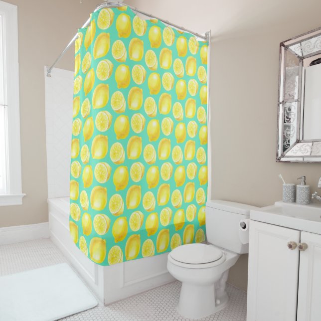 Watercolor lemons pattern shower curtain (In Situ)