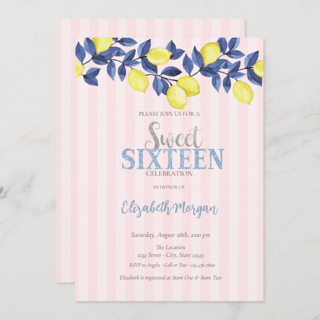  Watercolor Lemons Pink Striped Sweet 16 Invitation (Front/Back)