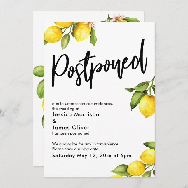 Watercolor Lemons Postponed Wedding Announcement (Front/Back)