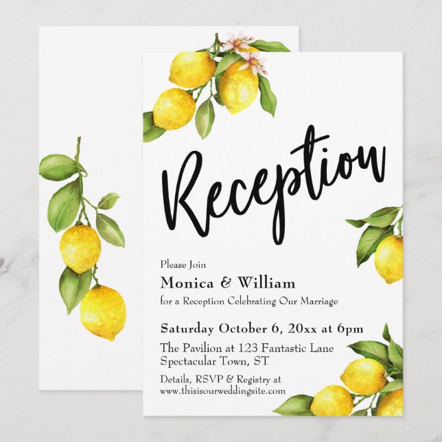 Watercolor Lemons Reception Typography Invitation (Front/Back)