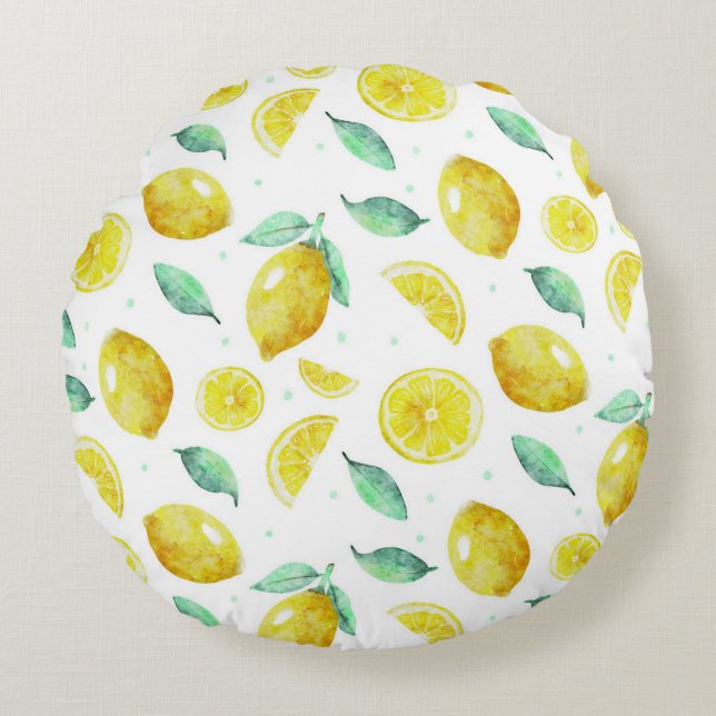 Watercolor lemons round cushion (Front)