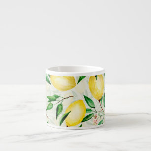 Watercolor lemons, seamless fruit pattern. espresso cup