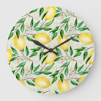 Watercolor lemons, seamless fruit pattern. large clock