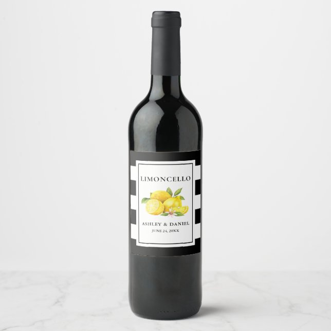 Watercolor Lemons Striped Limoncello Bottle Labels (Front)
