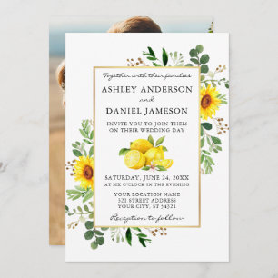 Watercolor Lemons Sunflowers Photo Back Wedding Invitation