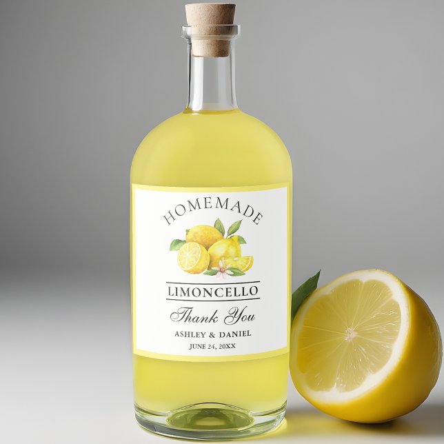Watercolor Lemons Thanks Limoncello Bottle Labels (Customize to change text size, color or text style.)