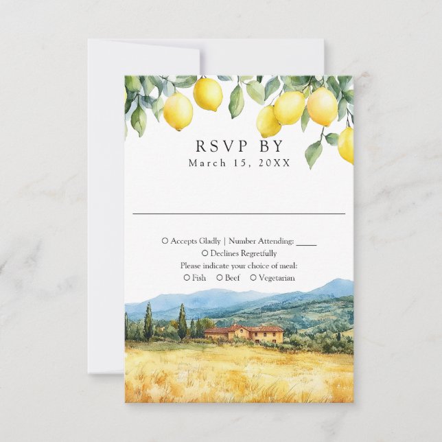 Watercolor Lemons Tuscan Scene Italian Wedding RSVP Card (Front)