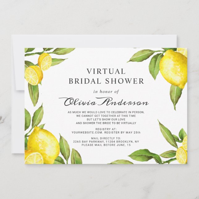 Watercolor Lemons Virtual Bridal Shower By Mail Invitation (Front)