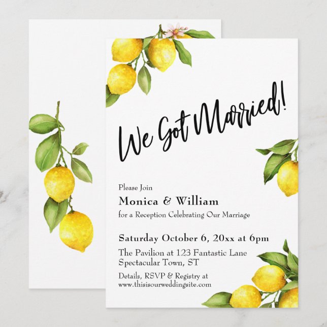 Watercolor Lemons We Got Married Typography Invitation (Front/Back)