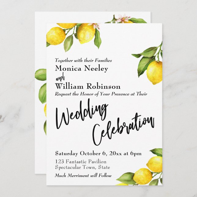 Watercolor Lemons Wedding Celebration Typography Invitation (Front/Back)