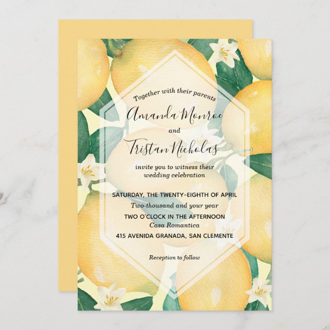 Watercolor Lemons Wedding Invitations (Front/Back)