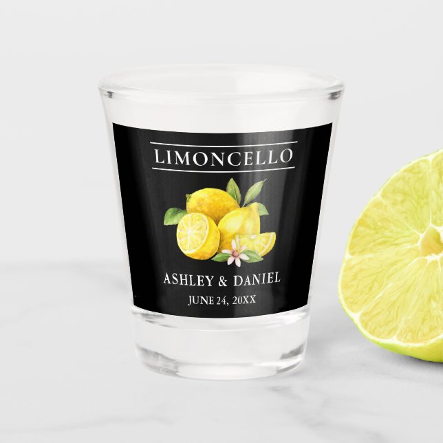Watercolor Lemons Wedding Limoncello Black Shot Glass (Front)