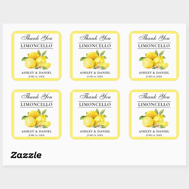 Watercolor Lemons Wedding Limoncello Square Sticker (Sheet)
