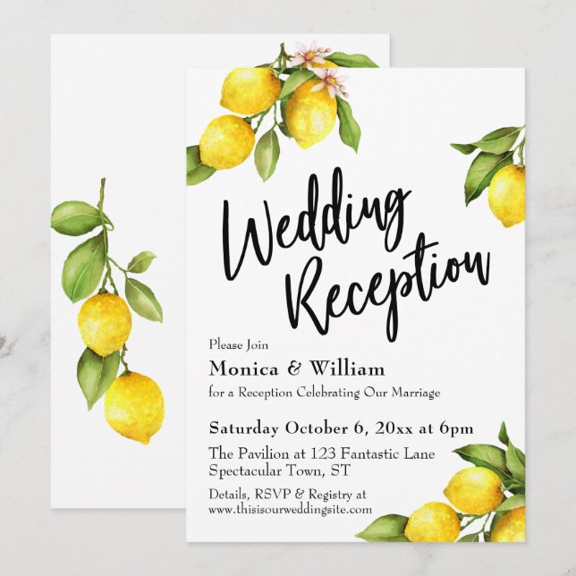 Watercolor Lemons Wedding Reception Typography Invitation (Front/Back)