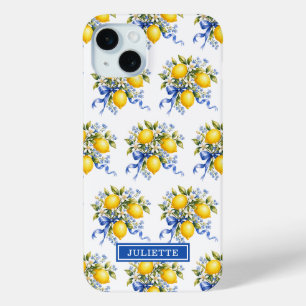 Watercolor Lemons With Blue Flowers Monogrammed iPhone 15 Mini Case