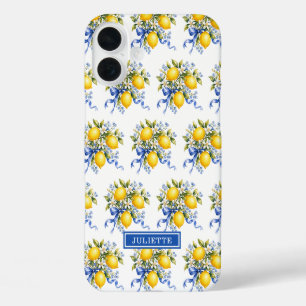 Watercolor Lemons With Blue Flowers Monogrammed iPhone 16 Plus Case