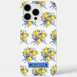 Watercolor Lemons With Blue Flowers Monogrammed iPhone 16 Pro Max Case