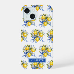Watercolor Lemons With Blue Flowers Monogrammed iPhone 15 Case