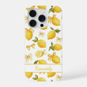 Watercolor Lemons With Coquette Bows Monogrammed iPhone 15 Pro Case