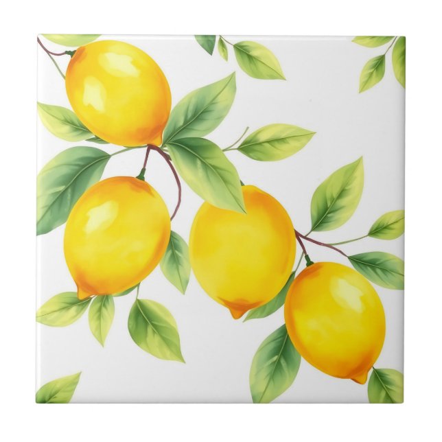 Watercolor Lemons with Green Leaves Tile (Front)