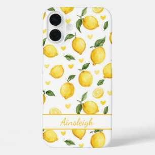 Watercolor Lemons With Hearts Monogrammed iPhone 16 Plus Case