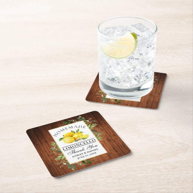 Watercolor Lemons Wood Greenery Limoncello Square Paper Coaster (Insitu)