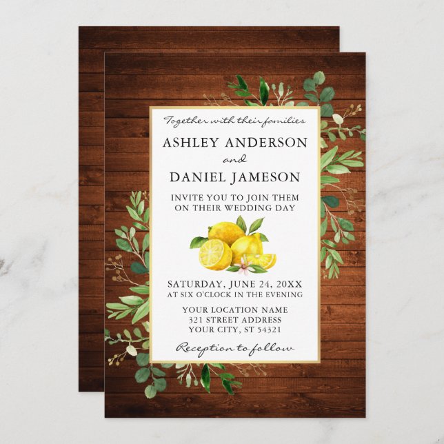 Watercolor Lemons Wood Greenery Wedding Invitation (Front/Back)