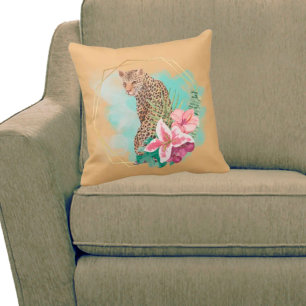 Watercolor Leopard and Tropical Frame Cushion