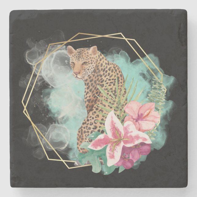 Watercolor Leopard and Tropical Frame  Stone Coaster (Front)