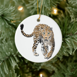 watercolor leopard jungle cat painted animal green ceramic tree decoration