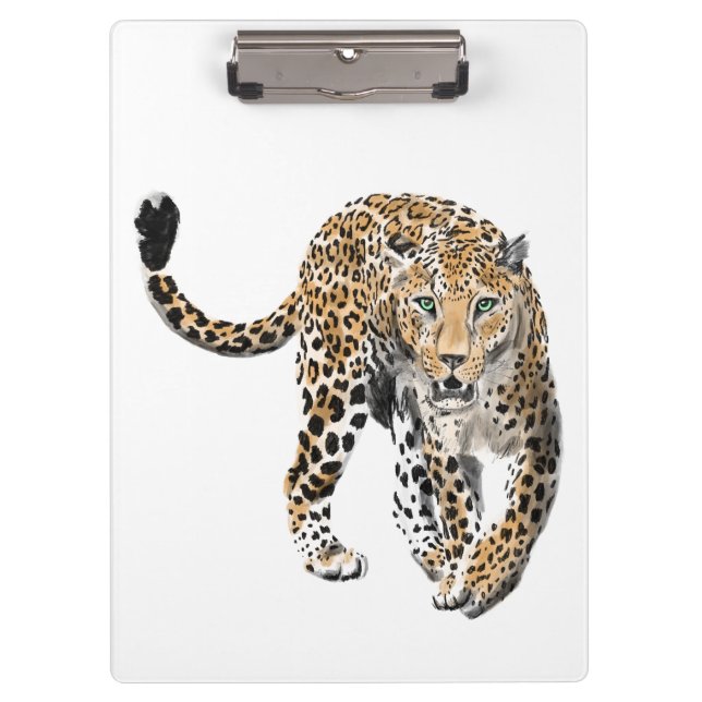 watercolor leopard jungle cat painted animal green clipboard (Front)