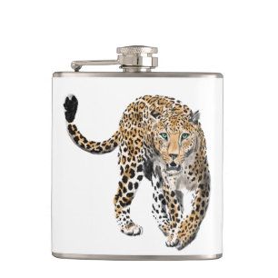 watercolor leopard jungle cat painted animal green hip flask