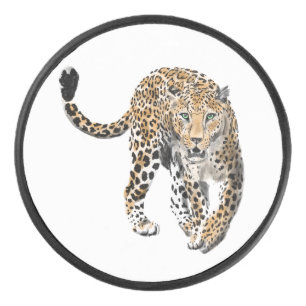 watercolor leopard jungle cat painted animal green hockey puck
